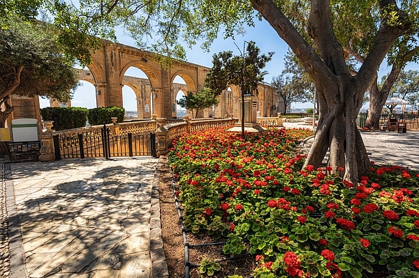 Upper Barrakka Gardens in Valletta mit Blumen und Arkaden.