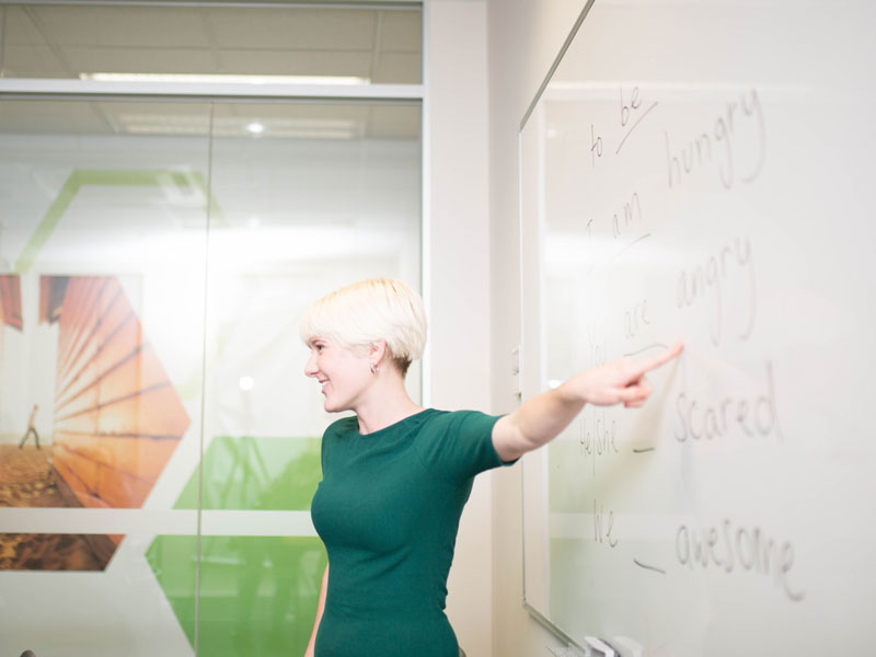 Lehrkraft erklärt englische Vokabeln an der Tafel in einem hellen Unterrichtsraum