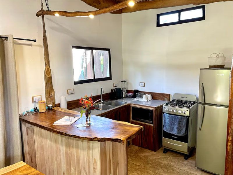 Moderne Holzküche im Iona Studio Sámara mit Frühstückstheke, Kühlschrank, Gasherd und großen Fenstern.