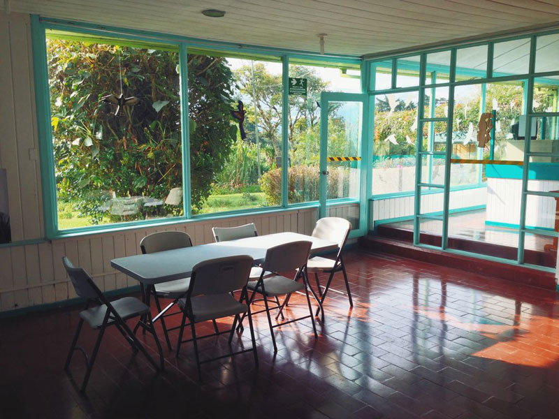 Gartenblick Heller Unterrichtsraum der Academia Tica mit Blick in den Garten