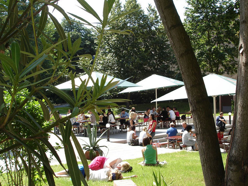 Sprachreisende entspannen im Gartenbereich des GLS Campus und nutzen die Außenflächen in ihren Pausen.