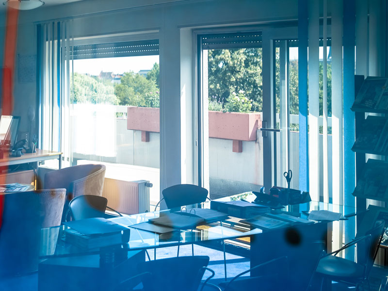Moderner Besprechungsraum der OISE Heidelberg mit viel Tageslicht und Blick auf die Terrasse 