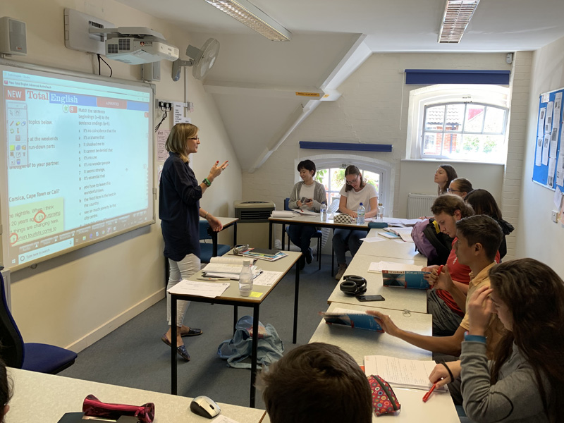 Lehrkraft unterrichtet eine Gruppe von Sprachlernenden in einem hellen Klassenraum mit interaktivem Whiteboard