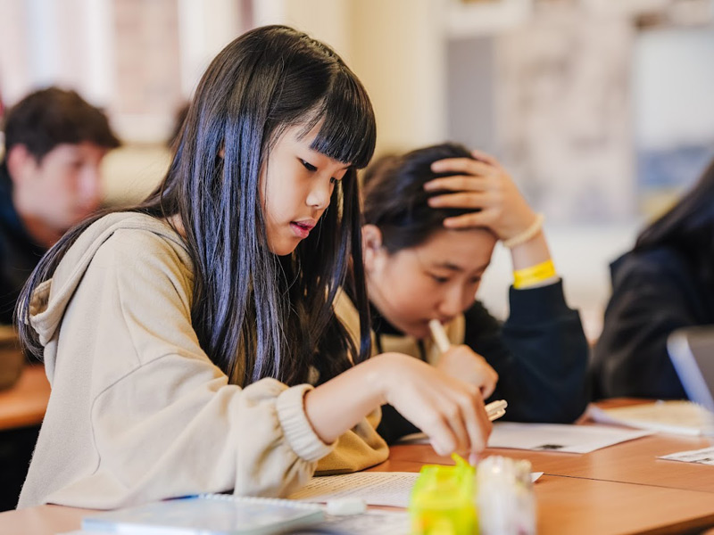 Schülerin konzentriert sich auf ihre Aufgaben während des Englischunterrichts