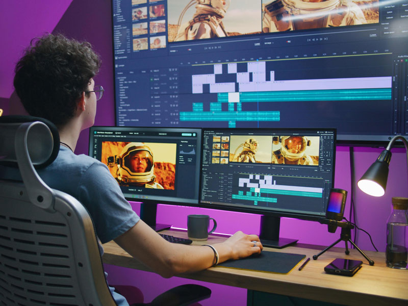 Schüler bearbeitet ein Videoprojekt an einem professionellen Schnittplatz der LSE Sprachschule London