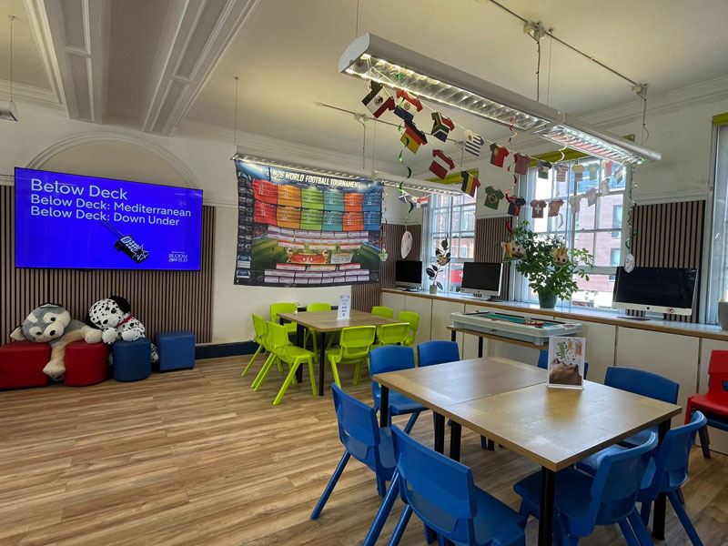 Freundlicher Aufenthaltsbereich mit TV in der Englisch Sprachschule London 