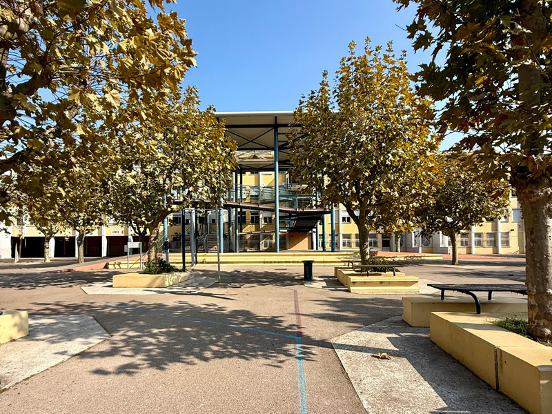 Großer Schulhof des Eucalyptus Campus in Nizza mit hohen Eukalyptusbäumen und Sitzbereichen