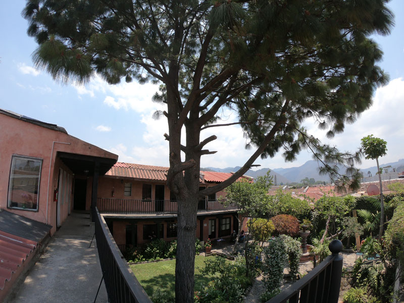 Blick von der oberen Etage der Sprachschule auf den grünen Innenhof und die Berge Antiguas