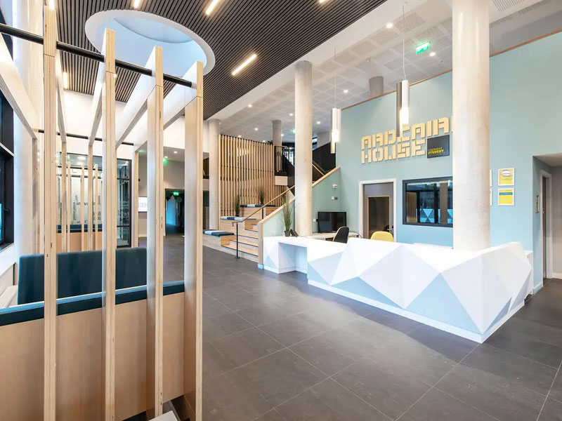 Moderno ingresso della residenza a Dublino con reception luminosa e design a pianta aperta