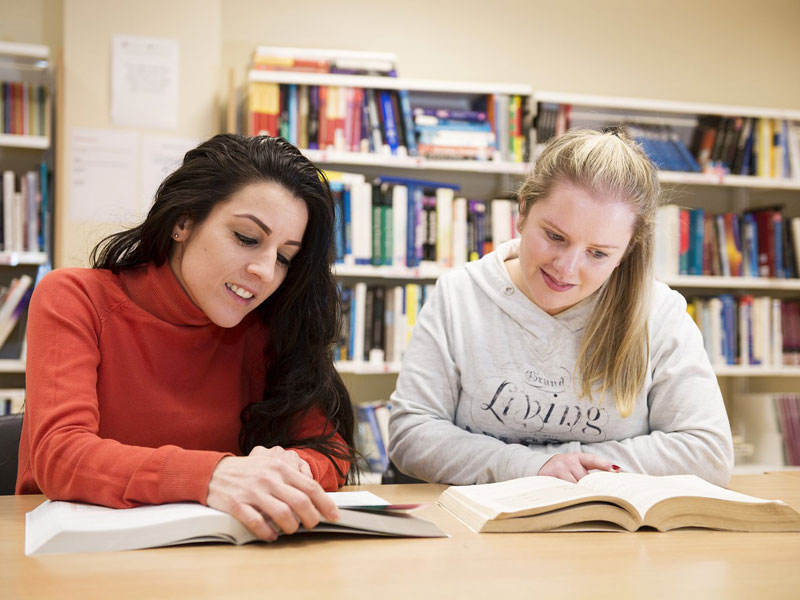 Lernende beim gemeinsamen Englischstudium in der Bibliothek der Galway Cultural Institute