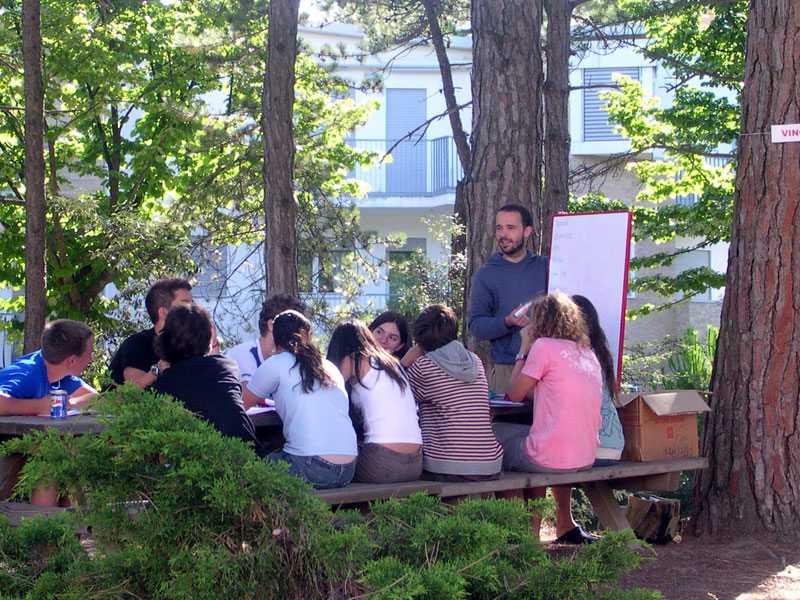 Sprachunterricht im Freien unter Pinien im Linguaviva Lignano Sommercamp