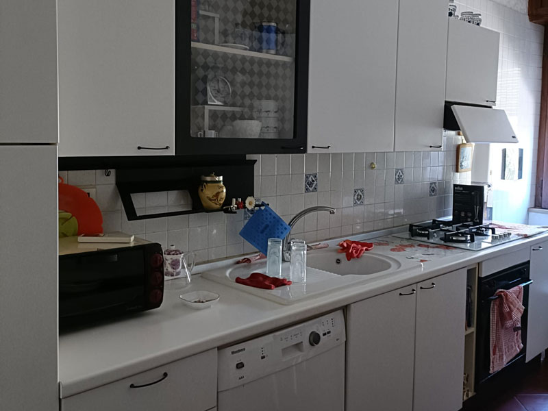 Gemeinschaftsküche mit Herd, Spüle, Schränken und Arbeitsfläche in einem Aparment.