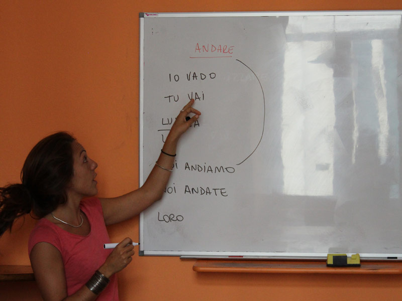 Lehrerin erklärt die Konjugation des italienischen Verbs „andare“ an der Tafel