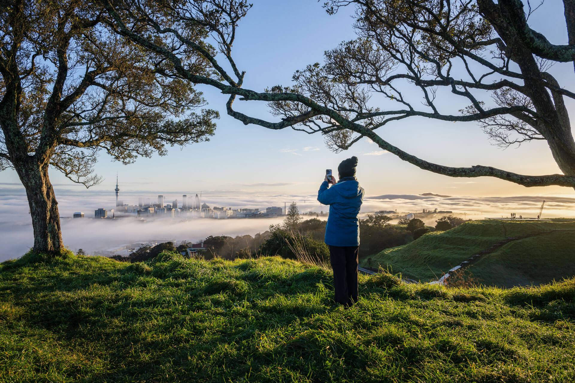 Aussicht auf Auckland bei Sonnenaufgang – Sprachreise in Neuseeland mit Blick auf die Skyline