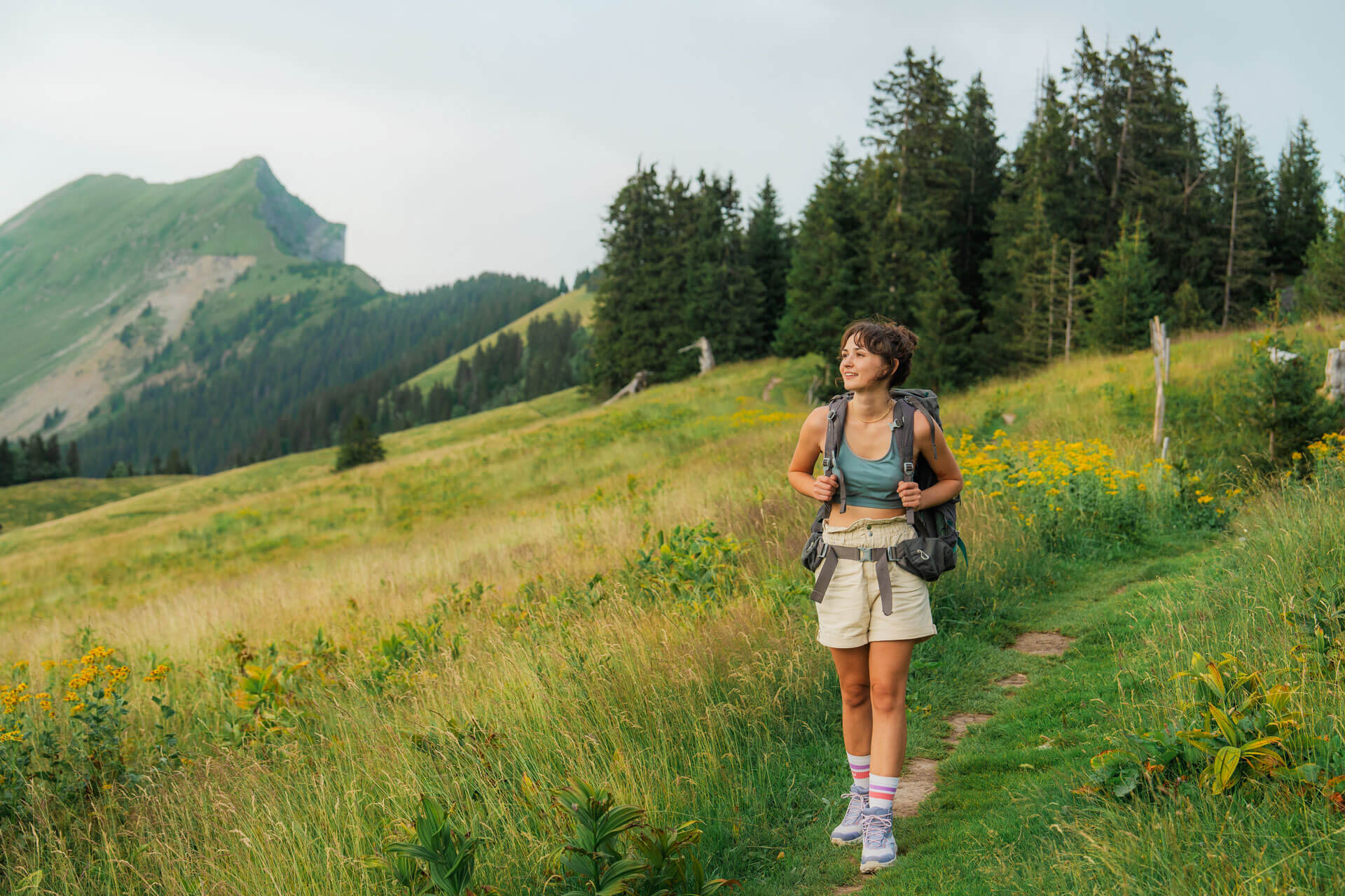 Person wandert auf einem grünen Bergpfad mit Blick auf Wälder und Gipfel in der Schweiz