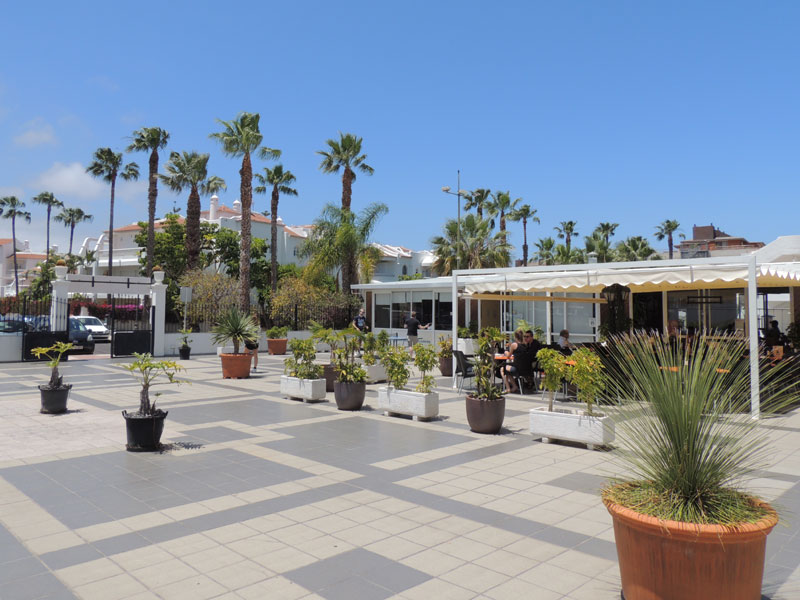 Außenbereich der Sprachschule mit Terrasse und Café auf Teneriffa