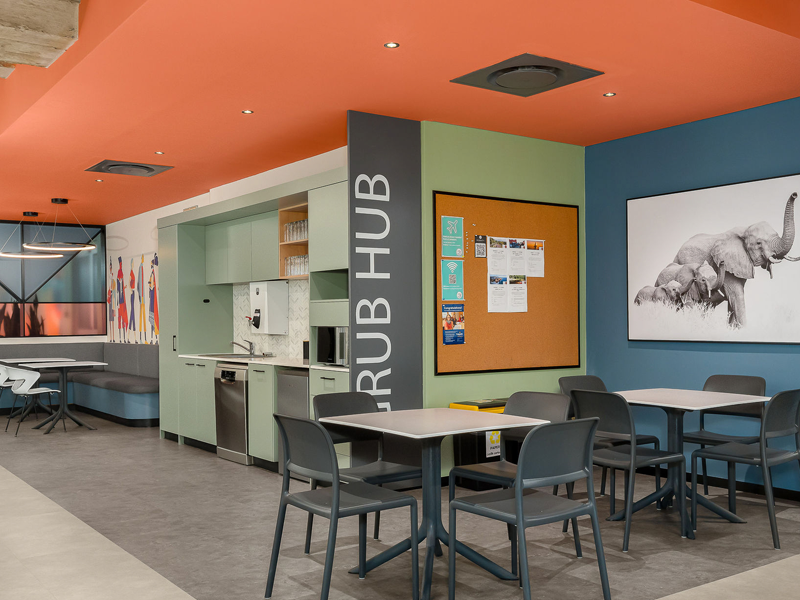 Espacio común moderno con cocina y zona de estar para estudiantes