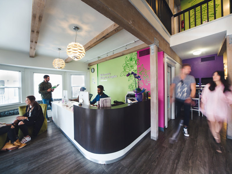 Empfangsbereich der Kings Los Angeles Sprachschule mit Studierenden und modernem Design