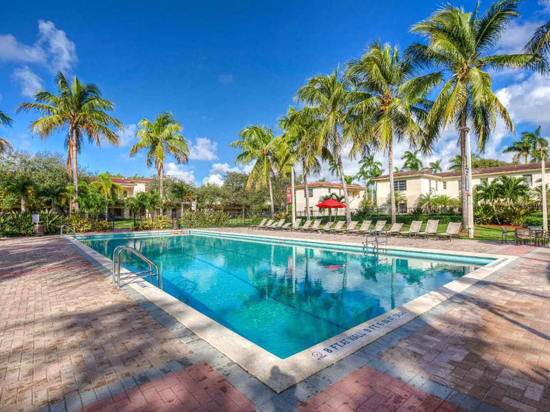 Poolbereich mit Palmen auf dem Campus des TLA Miami Junior Programms.