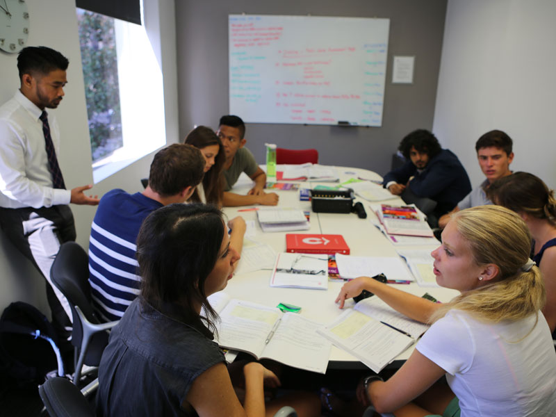 Englischklasse in der Converse Sprachschule San Diego mit Lehrer und Studierenden