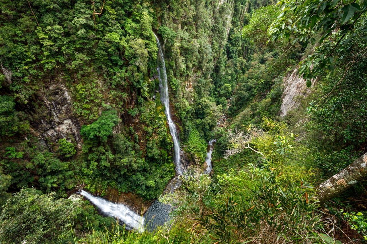 Hoher Wasserfall in grüner Schlucht des Lamington Nationalparks, Grammatik trainieren im Freien.