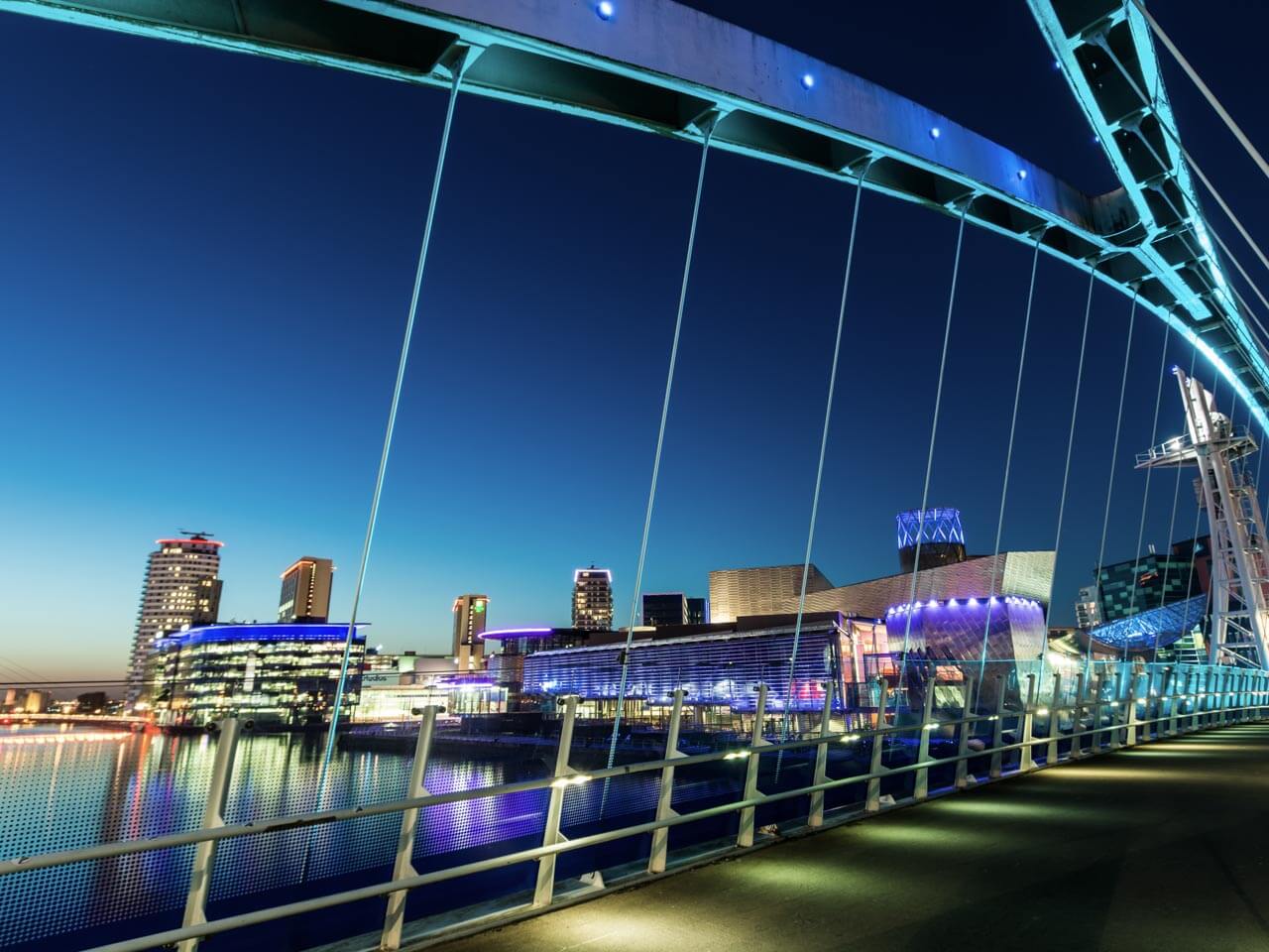 Brücke mit Blick auf die beleuchtete Skyline von Manchester bei Nacht Small Talk und Redemittel für Stadtbesichtigungen üben während der Sprachreise