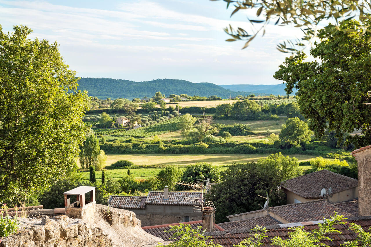 Blick über grüne Landschaft mit Feldern Vokabeln im Alltag anwenden