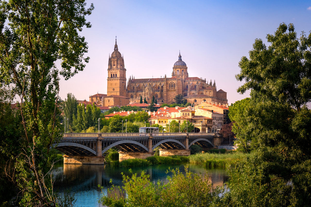 Panorama der Kathedralen von Salamanca mit Brücke über den Río Tormes, von Bäumen eingerahmt.