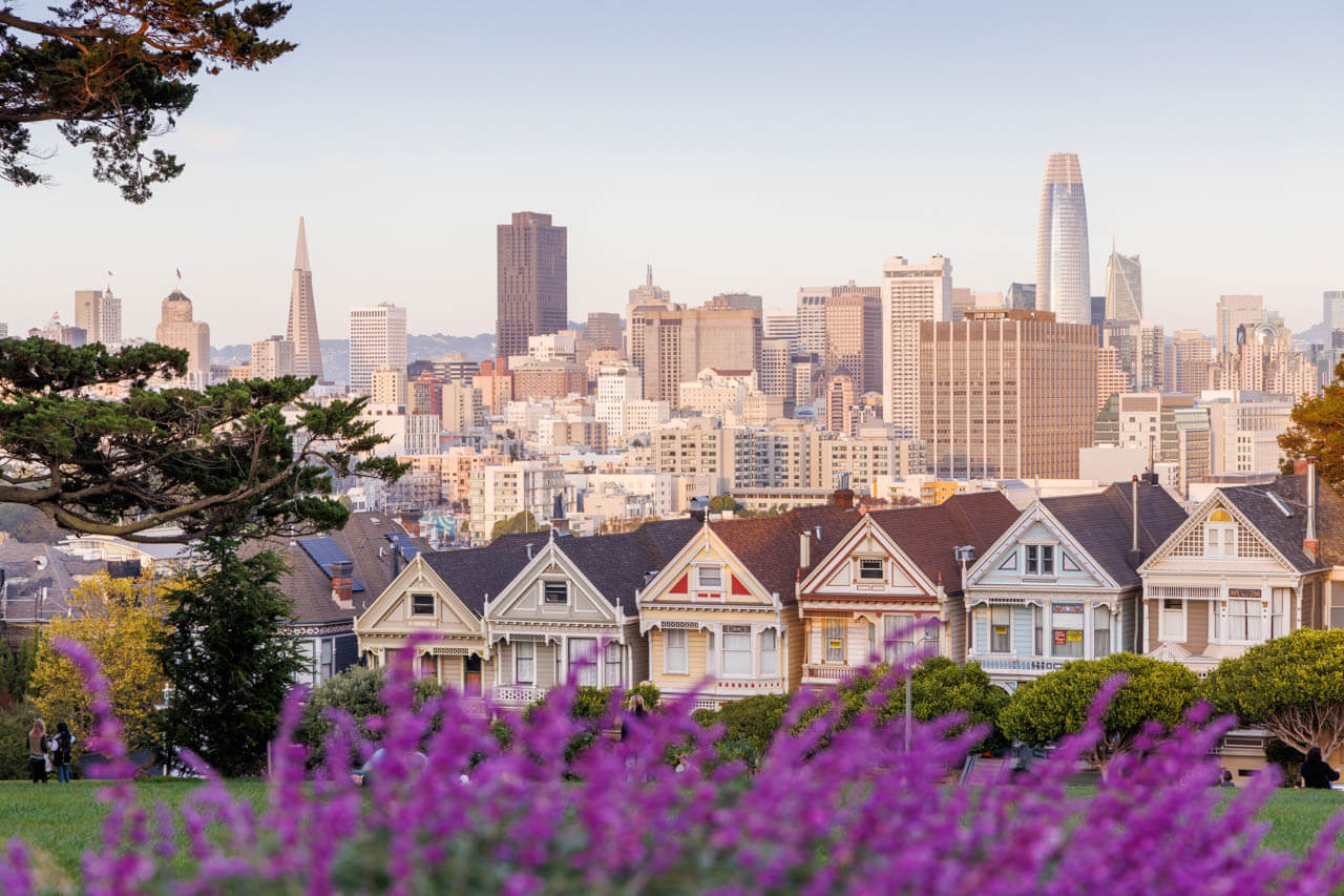 Viktorianische Häuser mit Stadtblick im Abendlicht. Grammatik im Kontext, Sprachreise an die Westküste.