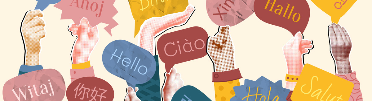 Illustration von Händen, die Sprechblasen mit Begrüßungen in verschiedenen Sprachen halten.