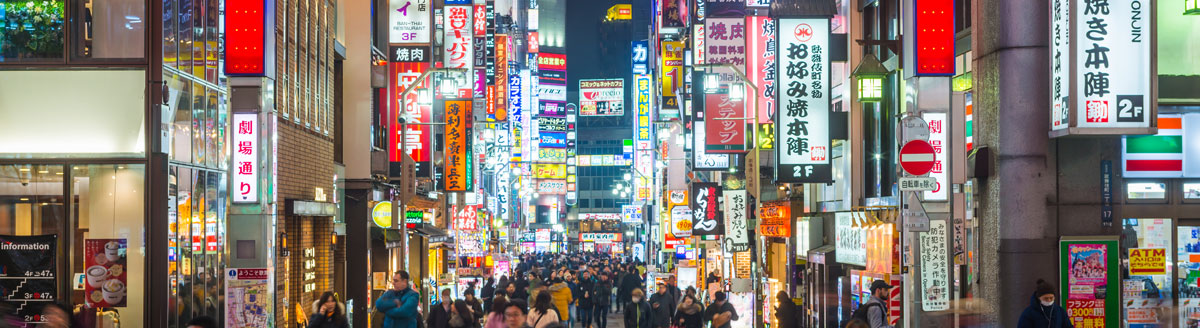 Belebte Straßen in Tokio bei Nacht mit leuchtenden Reklametafeln – Sprachreise nach Japan