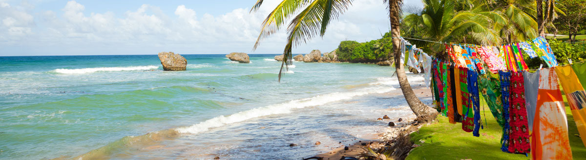 Bunte Tücher an Palmen am Strand von Barbados mit türkisfarbenem Meer und tropischer Kulisse, ideal für eine Sprachreise Englisch in der Karibik