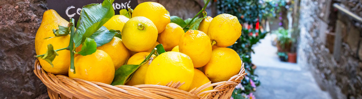 Frische Zitronen in italienischer Altstadt, mediterranes Flair für eine Italienisch Sprachreise in Italien.