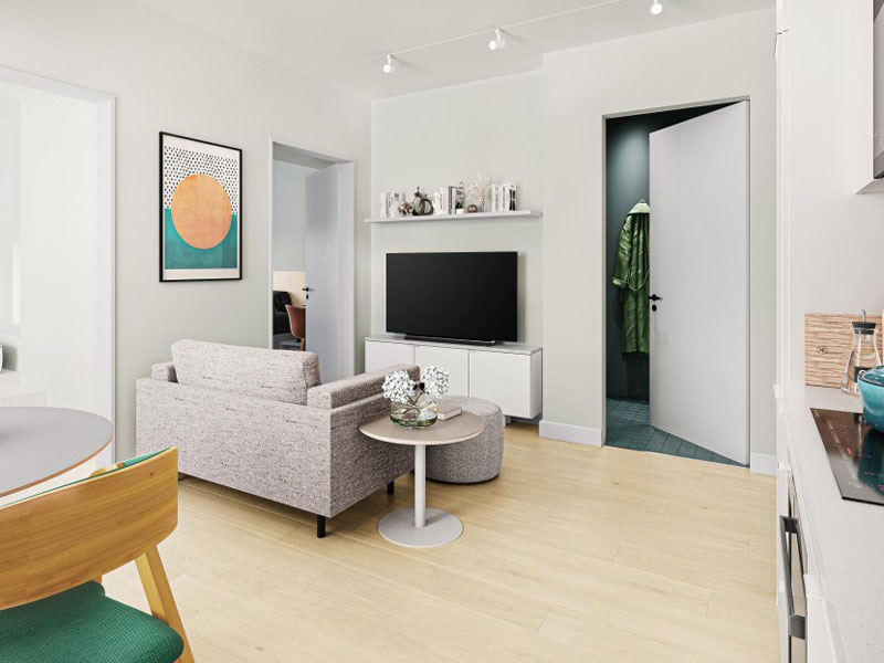 Gemütlicher Wohnbereich im Studentenwohnheim für Sprachreisende mit Fernseher und moderner Einrichtung